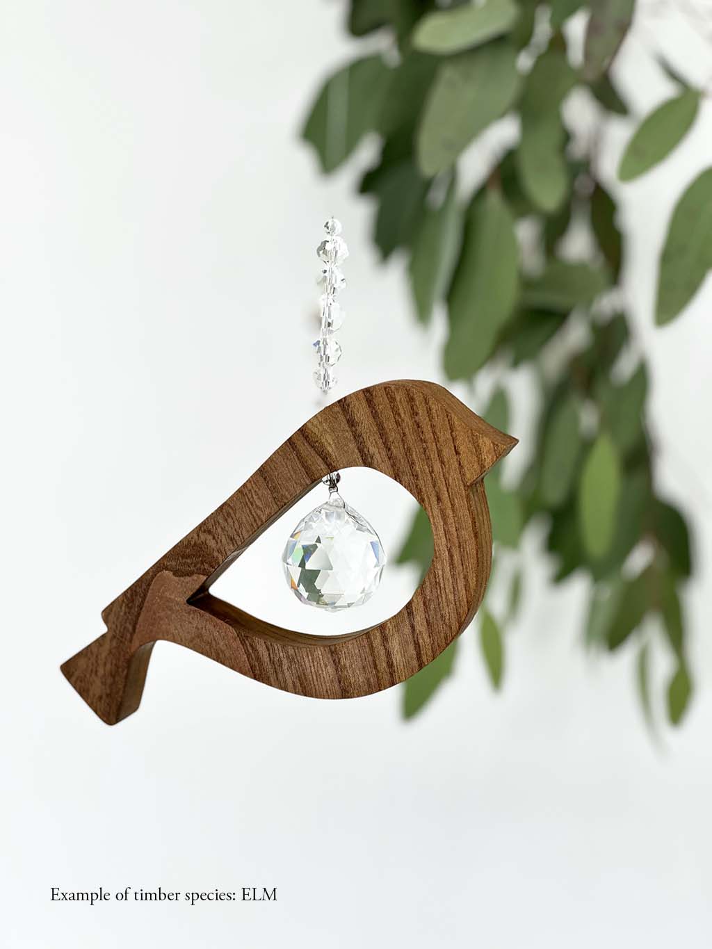 A wooden bird shaped suncatcher made from Elm hanging from a wire with a large faceted crystal in the centre and smaller crystal beads on top. Hanging in front of an eucalyptus branch