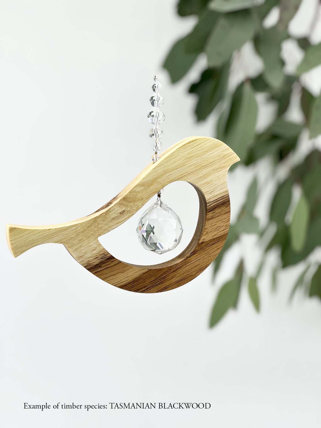 A wooden bird shaped suncatcher made from Tasmanian Blackwood hanging from a wire with a large faceted crystal in the centre and smaller crystal beads on top. Hanging in front of an eucalyptus branch