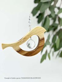 A wooden bird shaped suncatcher made from Tasmanian Blackwood hanging from a wire with a large faceted crystal in the centre and smaller crystal beads on top. Hanging in front of an eucalyptus branch