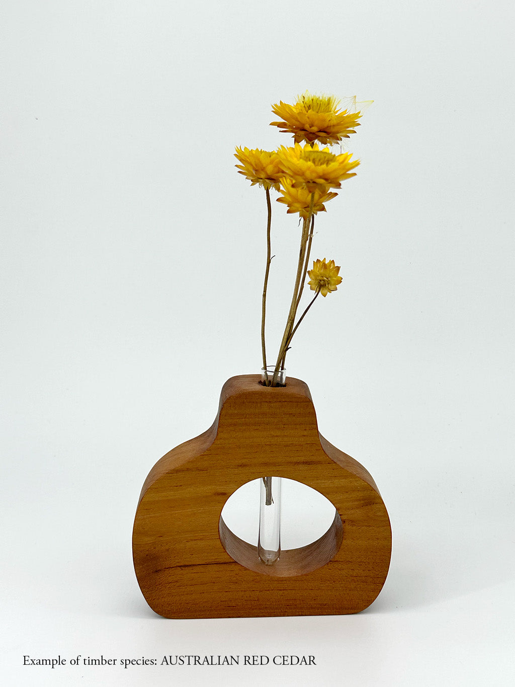 A wooden pear shaped vase with a glass test tube containing a daisy sprig made from Australian Red Cedar timber on white background