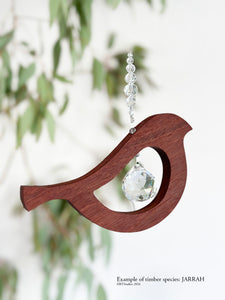 Jarrah bird tail up suncatcher – one-of-a-kind handcrafted timber crystal art by RT Studios Canberra
