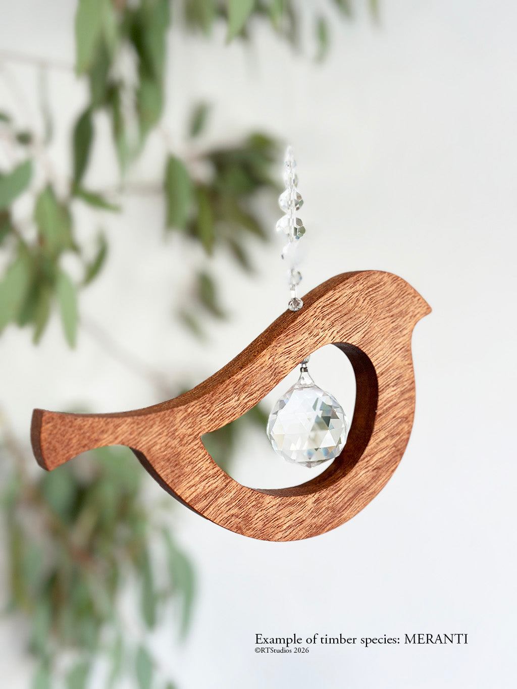 Meranti bird tail up suncatcher – handcrafted timber and crystal rainbow light art by RT Studios Canberra