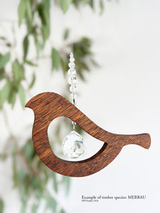 Merbau bird tail up suncatcher with crystal – handcrafted timber wall art by RT Studios Canberra