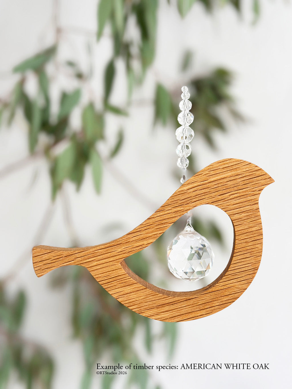 American white oak bird tail up suncatcher – unique handmade timber crystal art by RT Studios Canberra