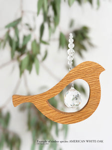 American white oak bird tail up suncatcher – unique handmade timber crystal art by RT Studios Canberra