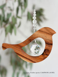 Camphor laurel bird tail up suncatcher – handcrafted timber and crystal wall art by RT Studios Canberra