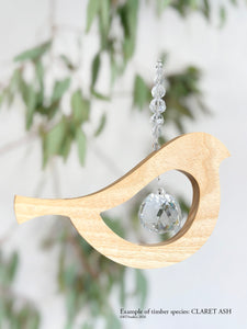 Claret ash bird tail up suncatcher – one-of-a-kind handmade timber crystal art by RT Studios Canberra