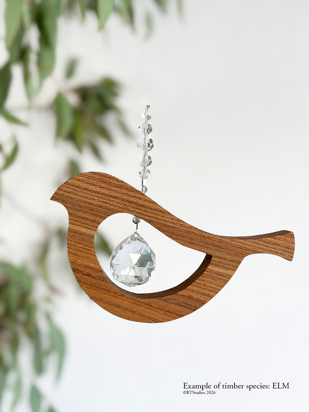 Elm wood bird tail up suncatcher with crystal – handmade timber rainbow light art by RT Studios Canberra