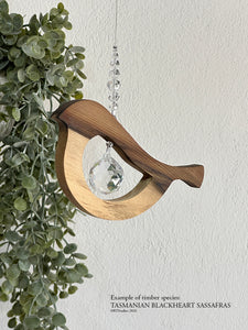 Sassafras bird tail up suncatcher – one-of-a-kind handmade timber crystal art by RT Studios Canberra