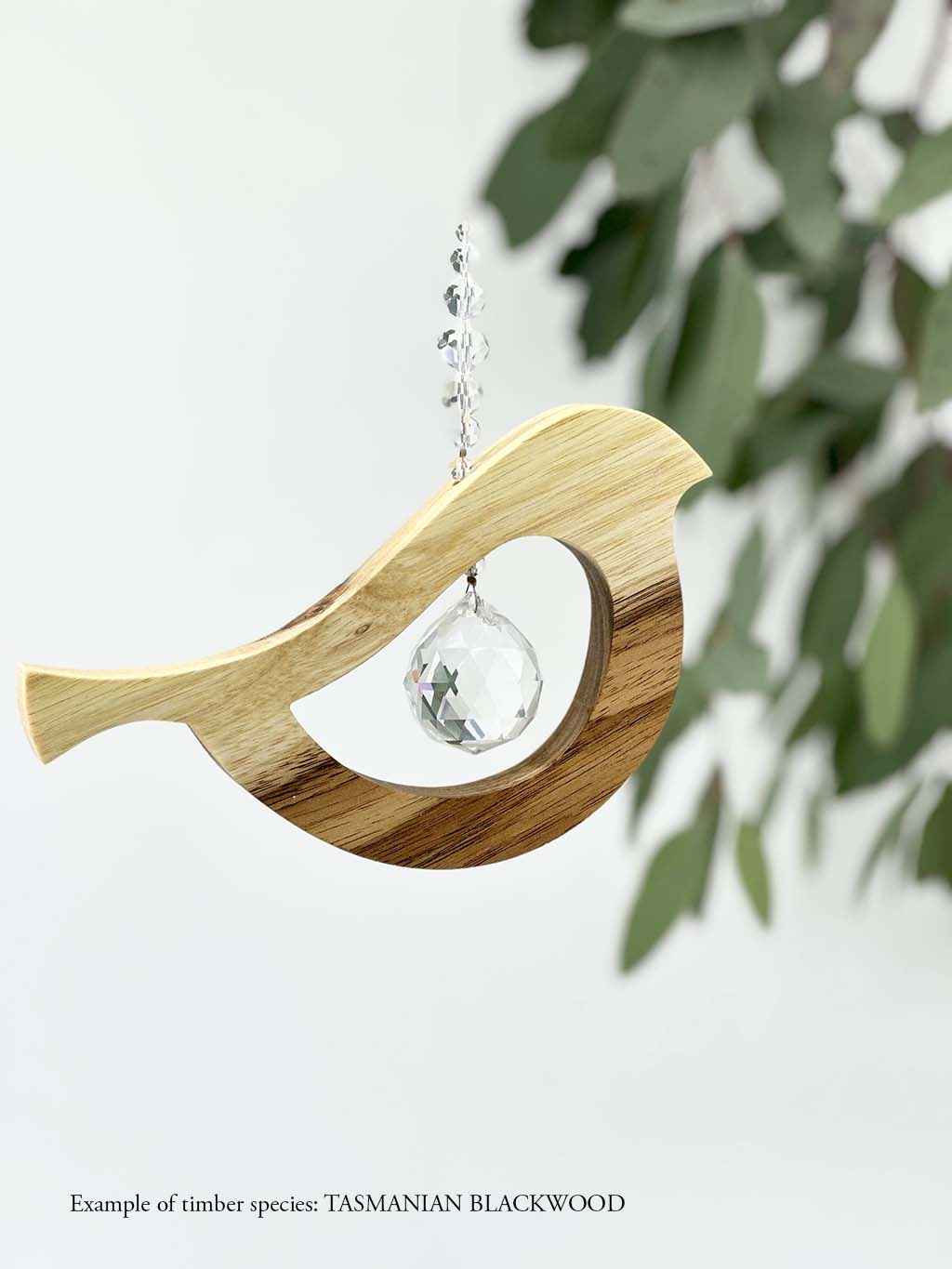 Bird tail up suncatcher – unique handmade timber crystal art Australian made by RT Studios