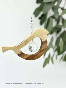 Bird tail up suncatcher – unique handmade timber crystal art Australian made by RT Studios