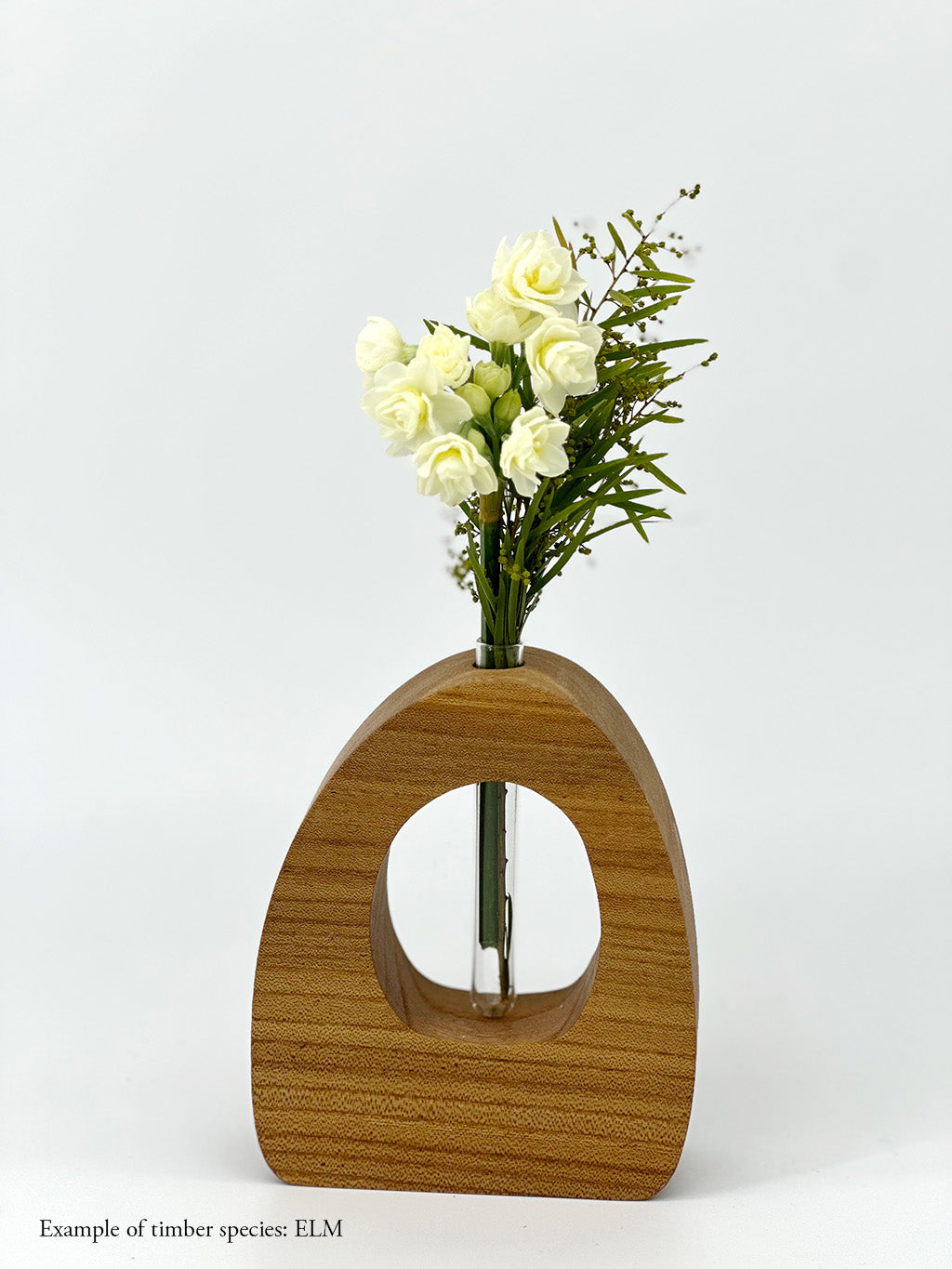 A wooden dome shaped vase with a glass test tube containing a jonquil and wattle sprig made from Elm timber on white background