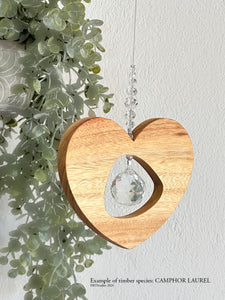 Camphor laurel tri heart suncatcher – one-of-a-kind handcrafted wood and crystal art by RT Studios Canberra