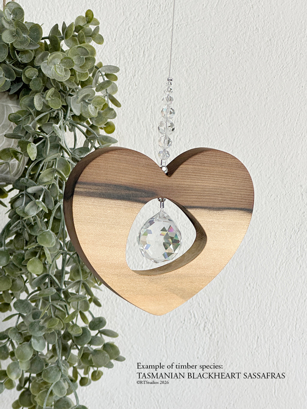 Sassafras tri heart suncatcher – rare timber handmade crystal wall art by RT Studios Canberra