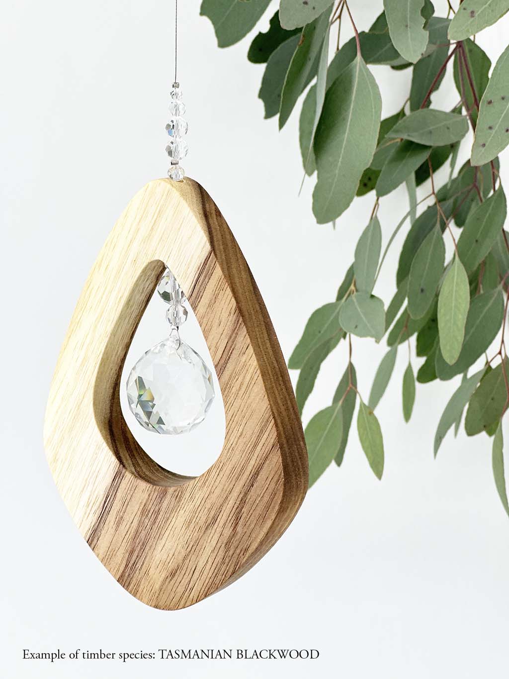 A wooden kite shaped suncatcher made from Tasmanian Blackwood hanging from a wire with a large faceted crystal in the centre and smaller crystal beads on top. Hanging in front of an eucalyptus branch