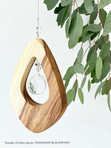 A wooden kite shaped suncatcher made from Tasmanian Blackwood hanging from a wire with a large faceted crystal in the centre and smaller crystal beads on top. Hanging in front of an eucalyptus branch