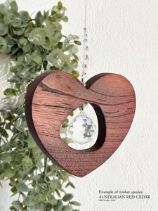 Australian red cedar tri heart suncatcher – unique handmade timber rainbow light art by RT Studios Canberra